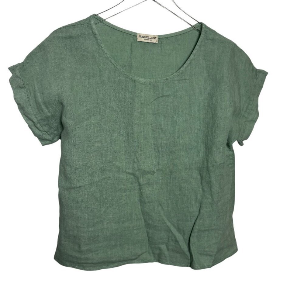 Linen Short Sleeve Tunic Top in Sage Green - Vintage Style